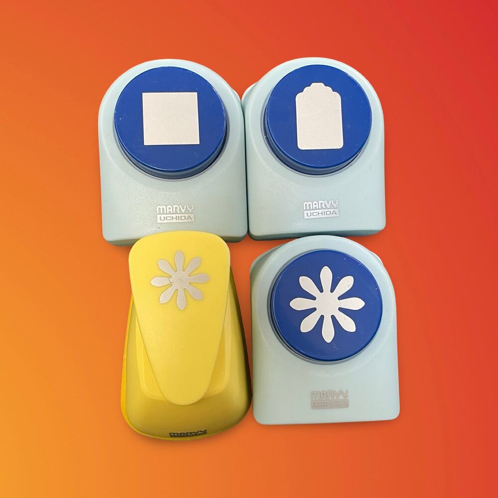 Marvy Uchida Paper Punch Bundle 4 Piece Set Square Flower Tag Shapes Blue Yellow